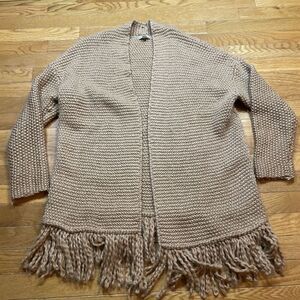 J. Jill Chunky Cardigan Sweater Open Front Fringe Hem Tan Wool Blend M Petite‎